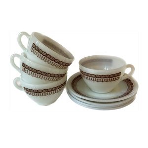 Termocrisa Cups & Saucers - Brown Wheat Print Vintage Milk Glass